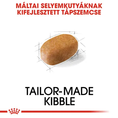 Máltai selyemkutyáknak kifejlesztett tápszemcse. Tailor-made kibble felirat látható egy tápszemcse képe alatt.