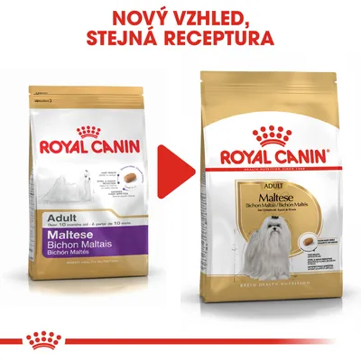 Porovnání starého a nového obalu krmiva Royal Canin Adult Maltese s textem: Nový vzhled, stejná receptura.