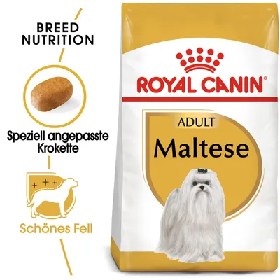 Sac de croquettes Royal Canin Adult Maltese, texte visible : Breed Nutrition, Speziell angepasste Krokette, Schönes Fell. Image d'une croquette et d'un bichon maltais.