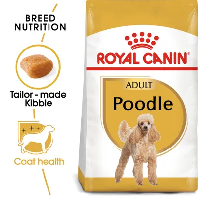 Breed nutrition with tailor-made kibble and coat health benefits for adult poodles, as shown on Royal Canin packaging.