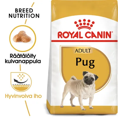 Royal Canin ADULT Pug -koiranruokapakkaus, tekstit: BREED NUTRITION, Räätälöity kuivanappula, Hyvinvoiva iho. Kuvassa mopsi ja nappulan muoto.