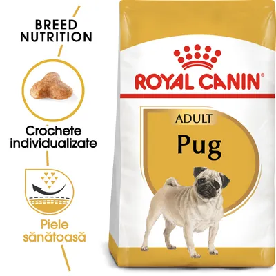 Sac hrană uscată Royal Canin Adult Pug, imagine cu croșetă individualizată, text: Crochete individualizate, Piele sănătoasă, BREED NUTRITION.