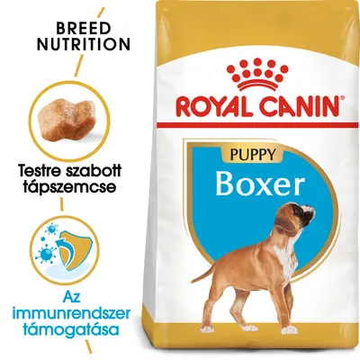 Royal Canin Puppy Boxer kutyatáp csomagolás, látható: testre szabott tápszemcse, az immunrendszer támogatása, márkanév és boxer kölyökkutya képe.