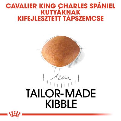 Cavalier King Charles spániel kutyáknak kifejlesztett tápszemcse, kb. 1 cm átmérővel. Tailor-made kibble felirat látható.