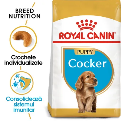 Pachet Royal Canin Puppy Cocker, text vizibil: Crochete individualizate, Consolidează sistemul imunitar, imagine croșetă și scut, câine pe ambalaj.