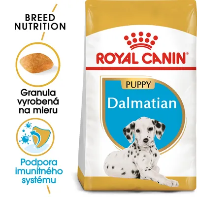 Balenie Royal Canin Puppy Dalmatian, text: Granula vyrobená na mieru, Podpora imunitného systému, obrázok granuly a ikona štítu s vírusmi. Balenie Royal Canin Puppy Dalmatian, text: Granula vyrobená na mieru, Podpora imunitného systému, obrázok granuly a ikona štítu s vírusmi.
