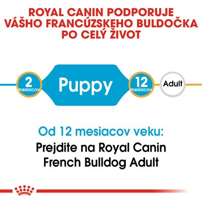 ROYAL CANIN PODPORUJE VÁŠHO FRANCÚZSKEHO BULDOČKA PO CELÝ ŽIVOT. Od 12 mesiacov veku: Prejdite na Royal Canin French Bulldog Adult. Puppy 2–12 mesiacov, Adult od 12 mesiacov.