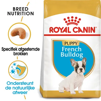 Royal Canin Puppy French Bulldog hondenvoer, verpakking met afbeelding van een Franse bulldog pup. Tekst: Specifiek afgestemde brokken, Ondersteunt de natuurlijke afweer.