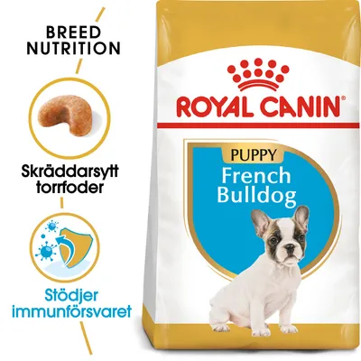 Royal Canin Puppy French Bulldog torrfoder. Text: Skräddarsytt torrfoder, Stödjer immunförsvaret. Bild på en fransk bulldogvalp och foderbit.