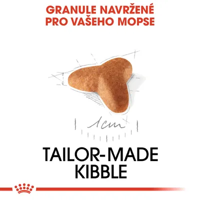 Granule navržené pro mopse, velikost 1 cm, text: TAILOR-MADE KIBBLE