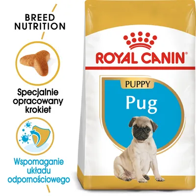 ROYAL CANIN PUPPY Pug, specjalnie opracowany krokiet, wspomaganie układu odpornościowego, opakowanie z wizerunkiem szczeniaka mopsa