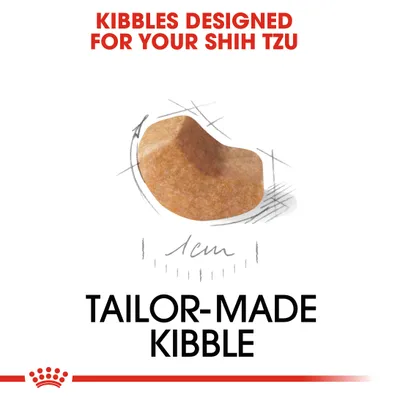KIBBLES DESIGNED FOR YOUR SHIH TZU, TAILOR-MADE KIBBLE. Εικόνα κροκέτας με μέγεθος 1 cm. Το κείμενο είναι στα αγγλικά.