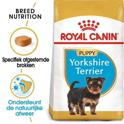 Royal Canin Puppy Yorkshire Terrier, specifiek afgestemde brokken, ondersteunt de natuurlijke afweer. Afbeelding van een puppy en brokvorm zichtbaar op de verpakking.