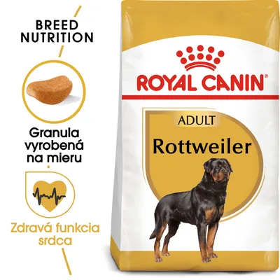 Royal Canin ADULT Rottweiler, granula vyrobená na mieru, zdravá funkcia srdca. Balenie krmiva s obrázkom psa rottweilera a detailom tvaru granuly.