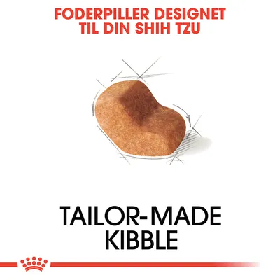 Foderpiller designet til din Shih Tzu. TAILOR-MADE KIBBLE. Billede af en enkelt foderpille med tekst på både dansk og engelsk.