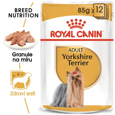 ROYAL CANIN ADULT Yorkshire Terrier 85g x12, obrázek psa, text: Granule na míru, Zdraví srsti, BREED NUTRITION, vyobrazení krmiva na talíři.