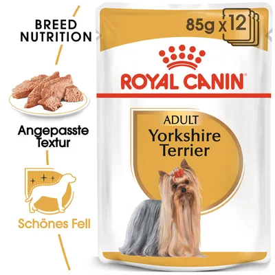 Royal Canin Adult Yorkshire Terrier, 85g x 12. Angepasste Textur für schönes Fell. Breed Nutrition mit Abbildung von Nassfutter und Yorkshire Terrier.