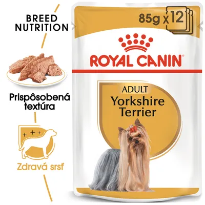 Royal Canin ADULT Yorkshire Terrier, 85 g x 12. Prispôsobená textúra, zdravá srsť. Breed Nutrition. Na obale obrázok yorkshirského teriéra.