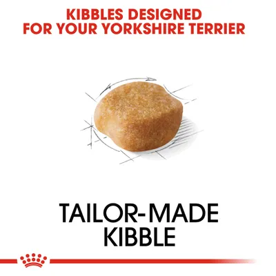 KIBBLES DESIGNED FOR YOUR YORKSHIRE TERRIER. TAILOR-MADE KIBBLE. Billede af en enkelt foderpille med pilmarkeringer omkring.