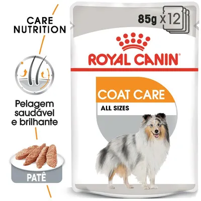 Royal Canin Coat Care All Sizes, 85 g x12. Patê para cães. Texto visível: Care Nutrition, Pelagem saudável e brilhante, PATÊ.