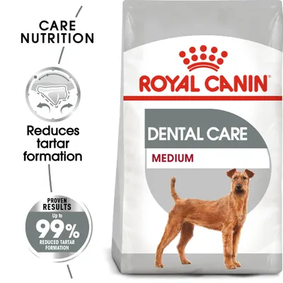 Royal Canin Dental Care Medium kutyatáp csomagolás, feliratok: Care Nutrition, Reduces tartar formation, Proven results up to 99% reduced tartar formation Royal Canin Dental Care Medium kutyatáp csomagolás, feliratok: Care Nutrition, Reduces tartar formation, Proven results up to 99% reduced tartar formation