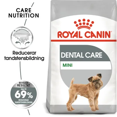 Royal Canin Dental Care Mini hundfoderpåse, text: Reducerar tandstensbildning, bevisade resultat upp till 69 % reducerad tandstensbildning, bild på liten hund.