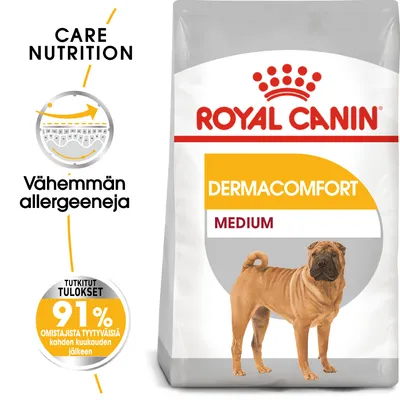 Royal Canin Dermacomfort Medium koiranruokapakkaus, tekstit: Vähemmän allergeeneja, tutkitut tulokset 91 % omistajista tyytyväisiä kahden kuukauden jälkeen, Care Nutrition.