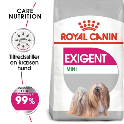 ROYAL CANIN EXIGENT MINI hundefoder. Tekst: Care Nutrition, Tilfredsstiller en kræsen hund, Dokumenteret effekt, Foretrækkes af op til 99 %. Billede af lille langhåret hund.