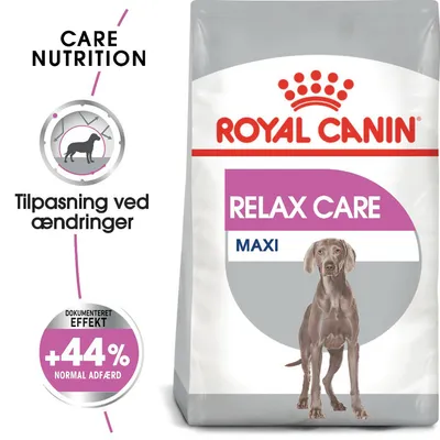 ROYAL CANIN RELAX CARE MAXI hundefoder, tekst: Care Nutrition, Tilpasning ved ændringer, Dokumenteret effekt +44 % normal adfærd. Billede af stor hund på posen.