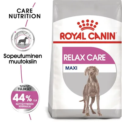 Royal Canin Relax Care Maxi -koiranruokapakkaus, tekstit: Sopeutuminen muutoksiin, tutkitut tulokset 44 %:lla käyttäytyminen normaalia, Care Nutrition