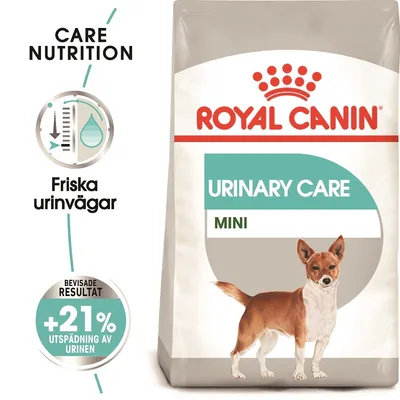 Royal Canin Urinary Care Mini hundfoderpåse, text: Friska urinvägar, bevisade resultat +21 % utspädning av urinen. Bild på liten hund och symbol för vårdande näring.