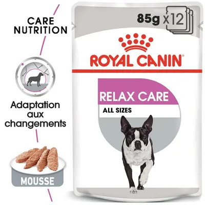 Royal Canin Relax Care All Sizes, 85 g x12, mousse pour chien. Texte visible : Care Nutrition, Adaptation aux changements, Mousse. Illustration d’un chien sur l’emballage. Royal Canin Relax Care All Sizes, 85 g x12, mousse pour chien. Texte visible : Care Nutrition, Adaptation aux changements, Mousse. Illustration d’un chien sur l’emballage.