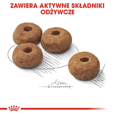 Cztery okrągłe granulki karmy, każda z otworem pośrodku; widoczna miarka 1 cm. Tekst: ZAWIERA AKTYWNE SKŁADNIKI ODŻYWCZE.