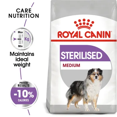 Sterilised medium pet food, maintains ideal weight, proven results with 10% fewer calories. Care nutrition highlighted on packaging.