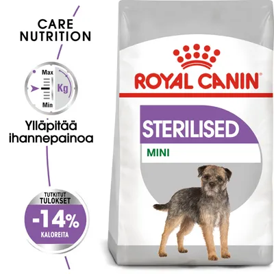 Royal Canin STERILISED MINI koiranruokapakkaus, teksti: ylläpitää ihannepainoa, tutkitut tulokset -14 % kaloreita, pieni koira kuvassa.