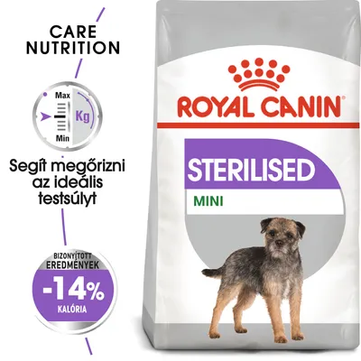 Royal Canin STERILISED MINI kutyatáp csomagolás, kis termetű kutya képe, szöveg: Segít megőrizni az ideális testsúlyt, -14% kalória, bizonyított eredmények.