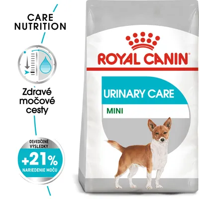 ROYAL CANIN URINARY CARE MINI, zdravé močové cesty, osvedčené výsledky +21 % nariedenie moču. Balenie s obrázkom malého psa.