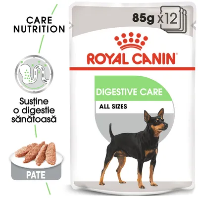Pachet Royal Canin Digestive Care All Sizes, 85g x12, pate. Text vizibil: Susține o digestie sănătoasă. Imagine cu un câine și prezentare produs pe ambalaj.