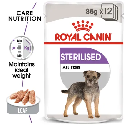 Sterilised wet food, loaf texture, for all sizes. Pack of 12 x 85g. Care nutrition, maintains ideal weight.