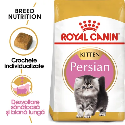 Pachet Royal Canin Kitten Persian, imagine cu pisoi persan, text: Crochete individualizate, Dezvoltare sănătoasă și blană lungă, BREED NUTRITION.