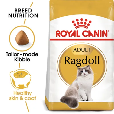 Breed nutrition with tailor-made kibble and healthy skin and coat benefits. Product labelled as Royal Canin Adult Ragdoll.