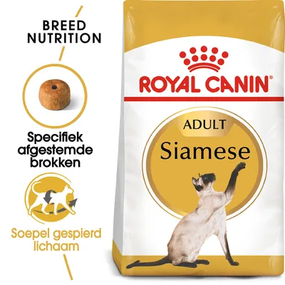 Royal Canin Adult Siamese kattenvoer, tekst: Specifiek afgestemde brokken, Soepel gespierd lichaam, afbeelding van een Siamese kat en een brok. Royal Canin Adult Siamese kattenvoer, tekst: Specifiek afgestemde brokken, Soepel gespierd lichaam, afbeelding van een Siamese kat en een brok.