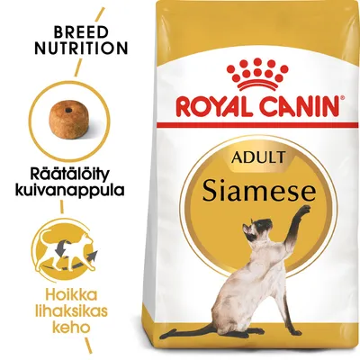 Royal Canin Adult Siamese -kuivaruokapakkaus, tekstit: BREED NUTRITION, Räätälöity kuivanappula, Hoikka lihaksikas keho, kuva siamilaisesta kissasta ja nappulasta.