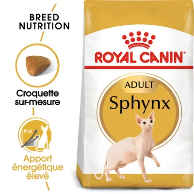 Sachet Royal Canin Adult Sphynx, croquette sur-mesure, apport énergétique élevé, illustration d’un chat Sphynx et croquette visible. Texte en anglais : Breed Nutrition.