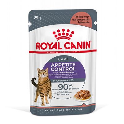 Royal Canin Appetite Control Care para gatos, 85 g. Finas láminas en salsa. Ayuda a controlar la demanda de alimento. Más del 90 % de dueños reportan menos insistencia en 4 semanas.
