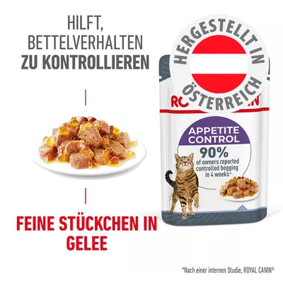Hilft, Bettelverhalten zu kontrollieren. Hergestellt in Österreich. Feine Stückchen in Gelee. Appetite Control: 90% der Besitzer berichten nach 4 Wochen weniger Betteln.