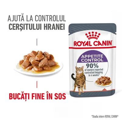 Plic Royal Canin Appetite Control, bucăți fine în sos. Text vizibil: Ajută la controlul cerșitului hranei, 90% of owners reported controlled begging in 4 weeks. Imagine cu pisică și hrană. Plic Royal Canin Appetite Control, bucăți fine în sos. Text vizibil: Ajută la controlul cerșitului hranei, 90% of owners reported controlled begging in 4 weeks. Imagine cu pisică și hrană.
