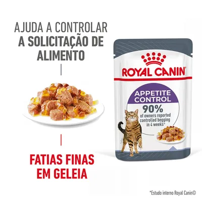 Royal Canin Appetite Control, fatias finas em geleia. Ajuda a controlar a solicitação de alimento. Embalagem com gato e texto: 90% of owners reported controlled begging in 4 weeks.