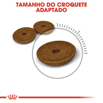 Três croquetes redondos de ração com furo central e texto visível: 'TAMANHO DO CROQUETE ADAPTADO'. Ilustração destaca o formato e tamanho do croquete.