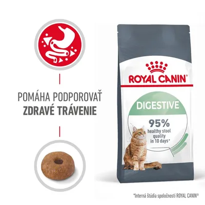 ROYAL CANIN DIGESTIVE, 95% healthy stool quality in 10 days, pomáha podporovať zdravé trávenie. Balenie krmiva pre mačky s obrázkom granule a mačky. Text v angličtine aj slovenčine.